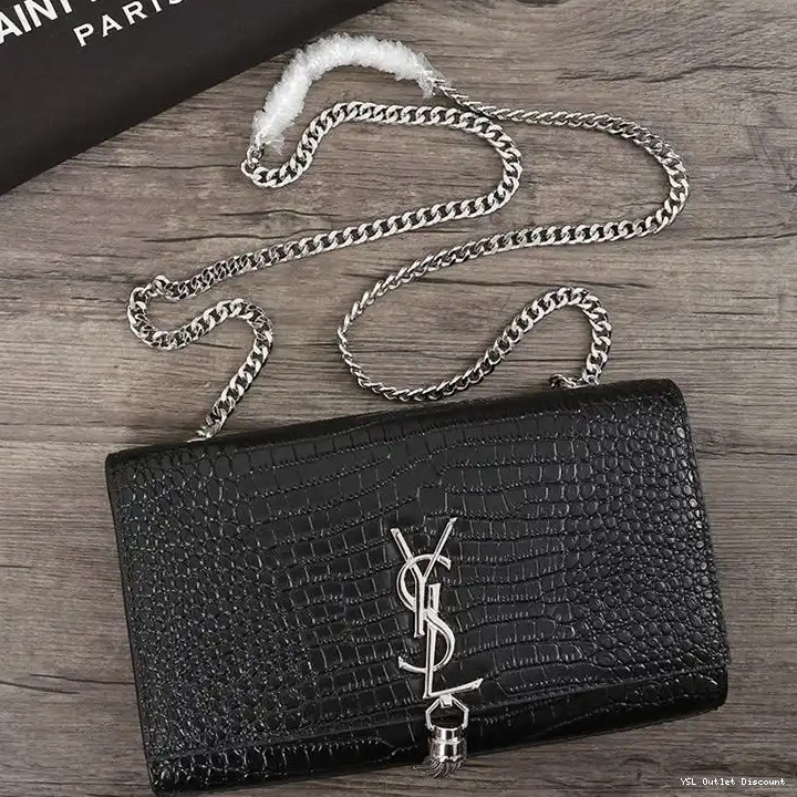 CHEAP Leather Laurent Tassel Crocodile Embossed Chain In Kate Medium Black Shiny Bag Saint Silver with 0214