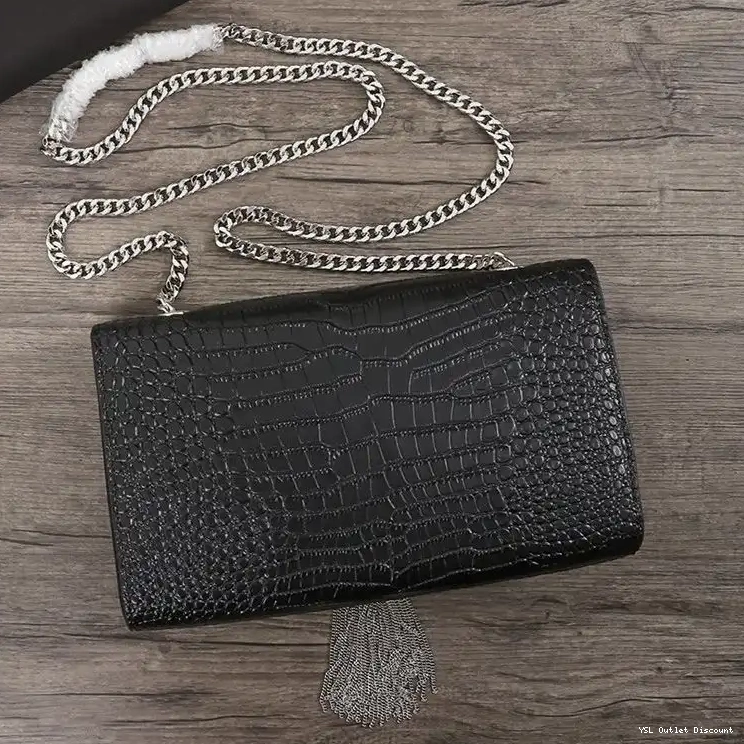 CHEAP Black Bag In Leather Crocodile Tassel Silver Kate with Shiny Saint Medium Embossed Laurent Chain 0212