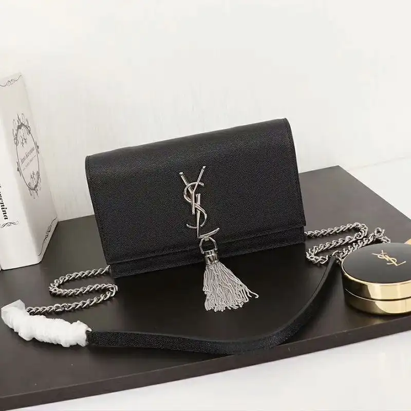 CHEAP Saint Laurent Large Kate Chain Wallet with Tassel In Textured Leather Black Silver 0202