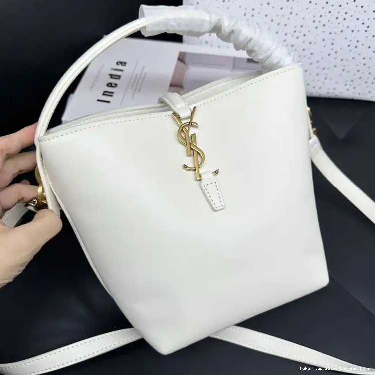 CHEAP White Leather Shiny 37 Bag Laurent Small Saint Bucket In Le Gold 0211