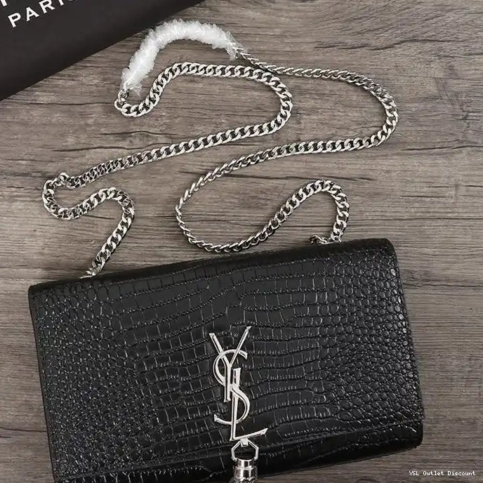 CHEAP Black Bag In Leather Crocodile Tassel Silver Kate with Shiny Saint Medium Embossed Laurent Chain 0212