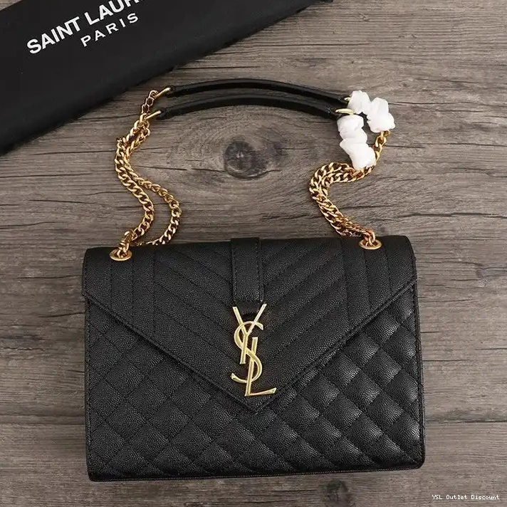 CHEAP Gold Matelasse Mixed Leather Black Bag Grained Saint Chain Laurent Envelope Medium In 0222