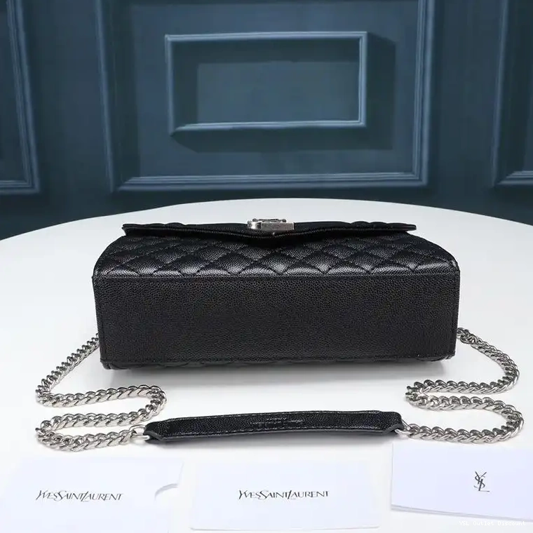 CHEAP Black Silver Grained Envelope In Mixed Matelasse Leather Small Laurent Saint Chain Bag 0212