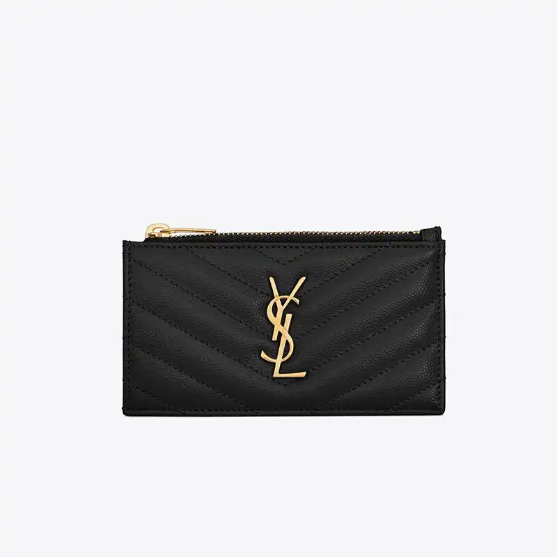 CHEAP Saint Laurent Fragments Zipped Card Case In Grained Matelasse Leather Black Gold 0202