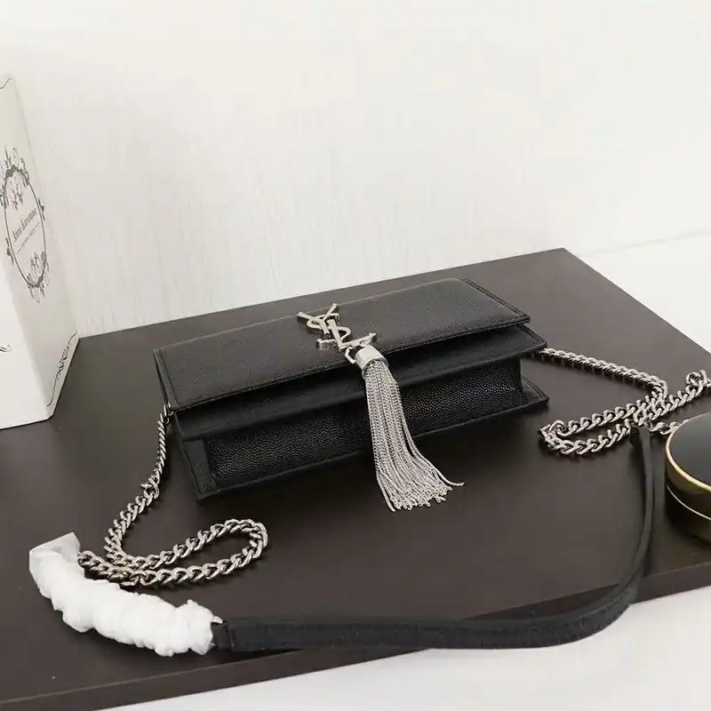 CHEAP Saint Laurent Large Kate Chain Wallet with Tassel In Textured Leather Black Silver 0202