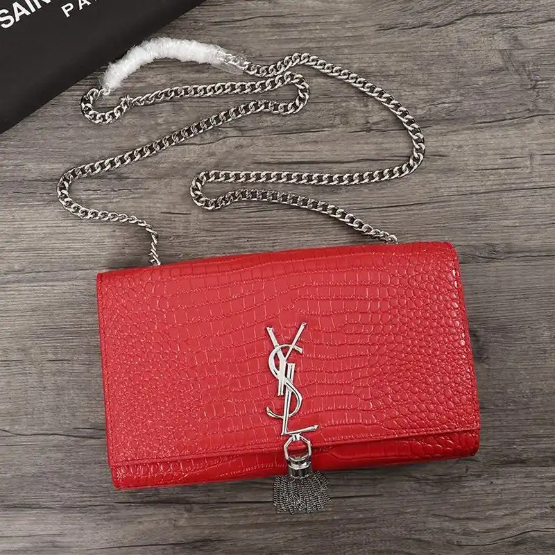 CHEAP Saint Laurent Medium Kate Chain Bag with Tassel In Crocodile Embossed Shiny Leather Red Silver 0204