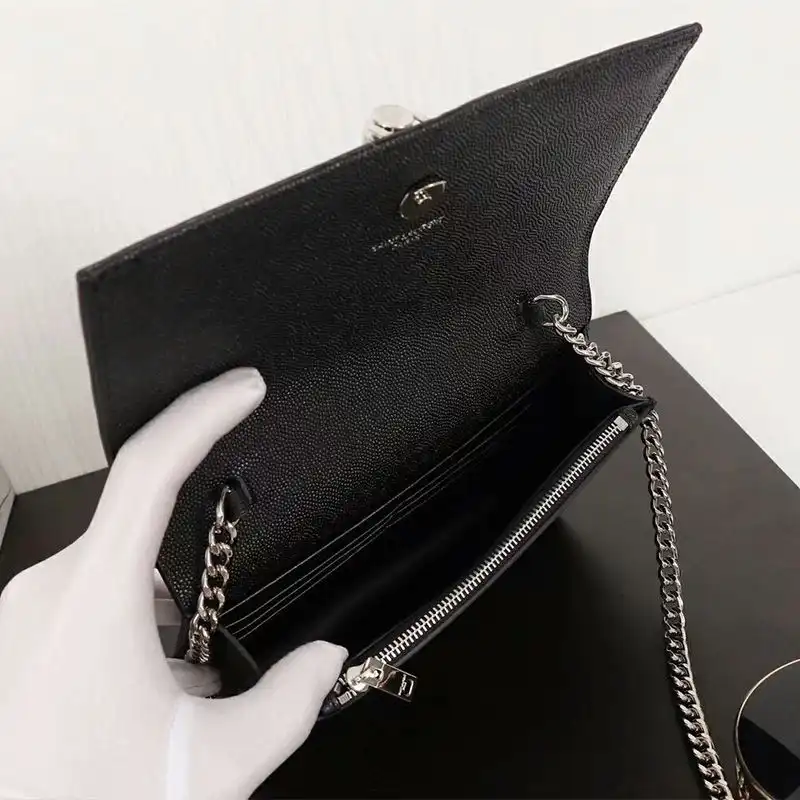 CHEAP Saint Laurent Large Kate Chain Wallet with Tassel In Textured Leather Black Silver 0202