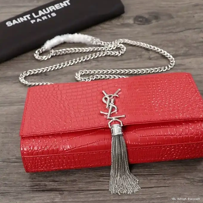 CHEAP Shiny Embossed Crocodile Silver with Leather Laurent Kate Bag Chain In Medium Saint Red Tassel 0224