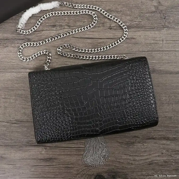 CHEAP Leather Laurent Tassel Crocodile Embossed Chain In Kate Medium Black Shiny Bag Saint Silver with 0214