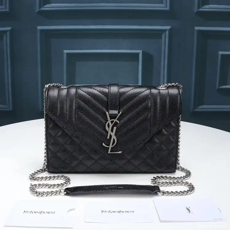 CHEAP Black Silver Grained Envelope In Mixed Matelasse Leather Small Laurent Saint Chain Bag 0212