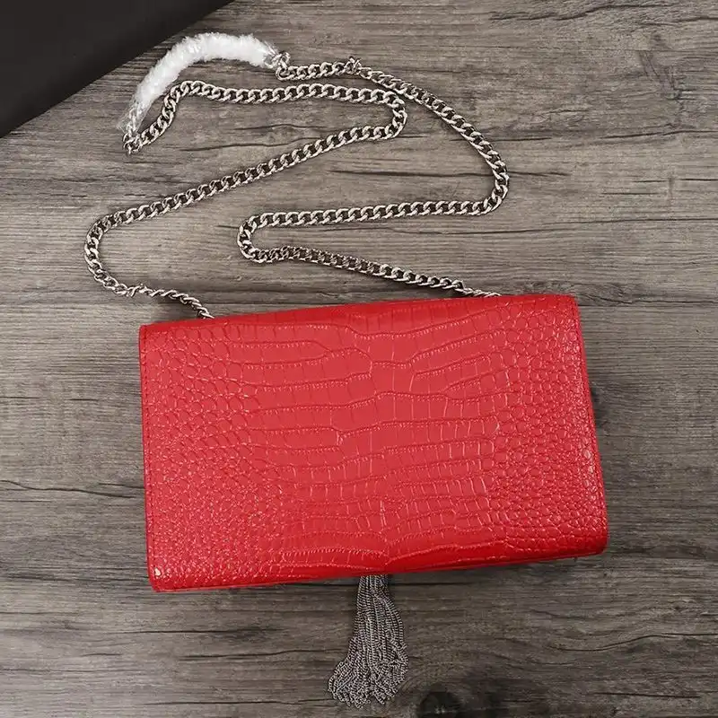 CHEAP Saint Laurent Medium Kate Chain Bag with Tassel In Crocodile Embossed Shiny Leather Red Silver 0204