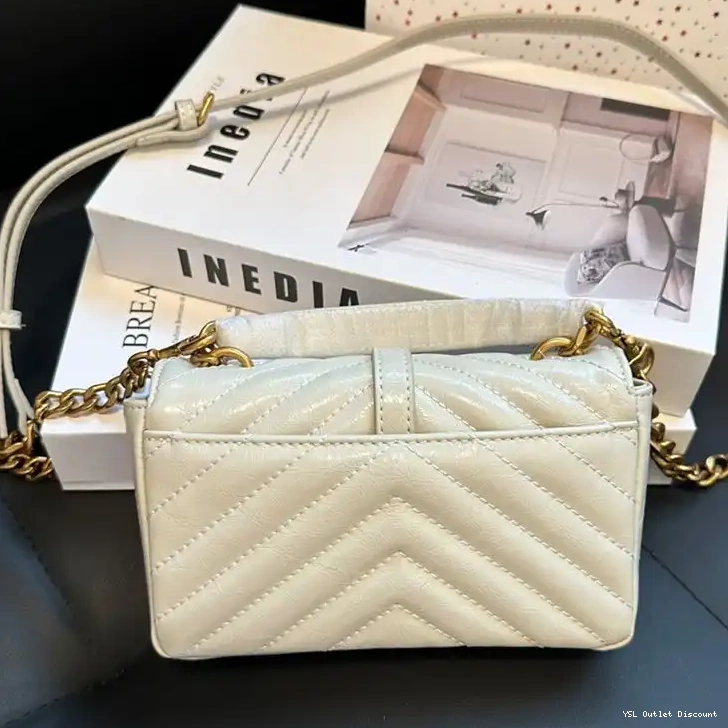 CHEAP Leather Bag White Matelasse Saint Laurent In Gold College Chain Crinkled Mini 0213